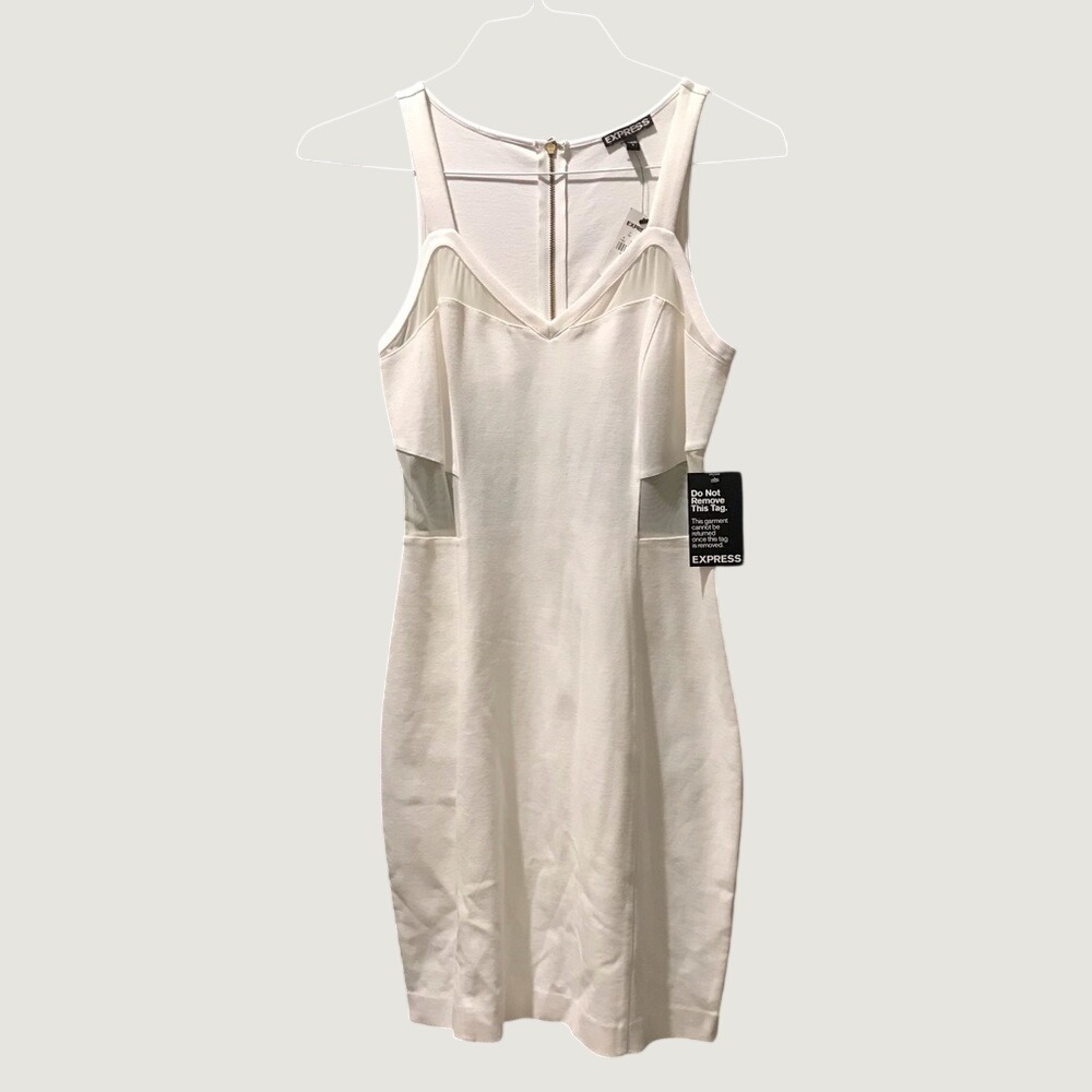 Express Classic White Bodycon Sleepless Sheath Dress with Mesh Accent & Back Zip - Picture 4 of 13